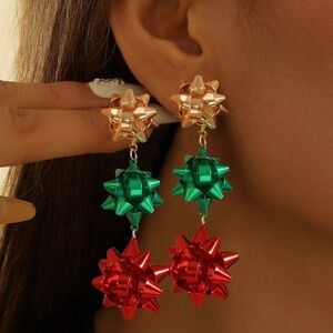 Colorful Long Dangle Bow Earrings in Yellow, Green, & Red
